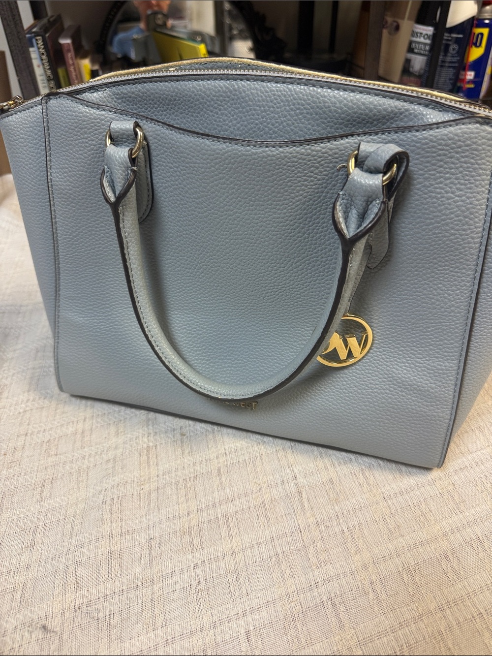 Nine West Light Blue Pebbled Leather Satchel with Gold Charm